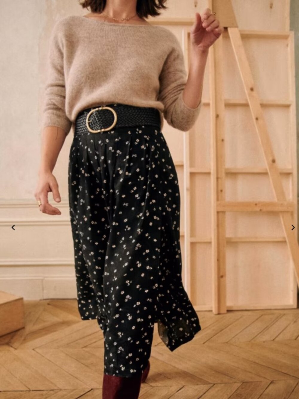 Sezane Black White Floral Alicia Midi Skirt Two-Toned Jacquard | Size 38